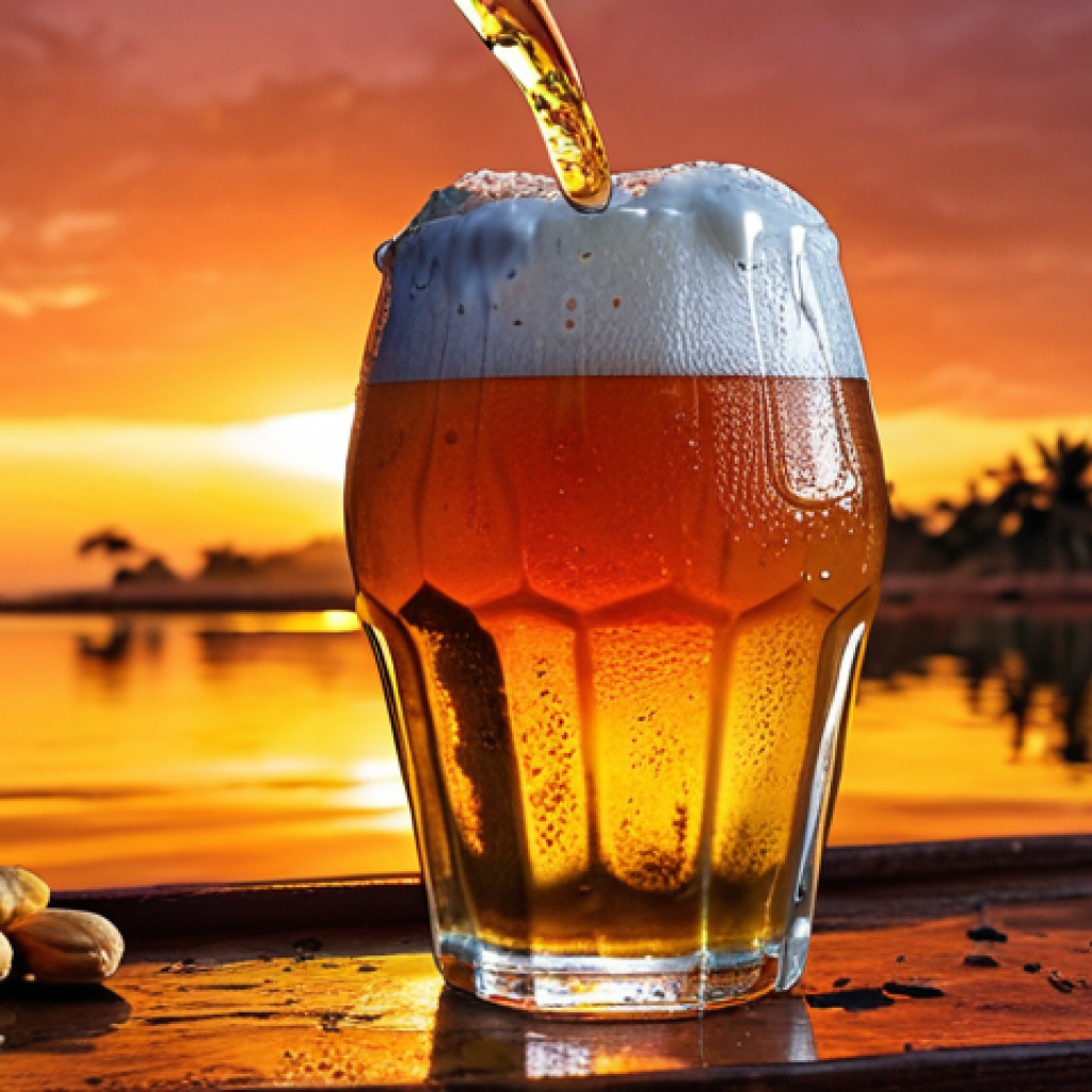 **Prompt:** A refreshing glass of Cuca beer, condensation dripping down, with a vibrant Angolan sunset in the background. Serve with grilled dried fish and spicy peanuts. The overall feeling should be bright, sunny, and inviting.