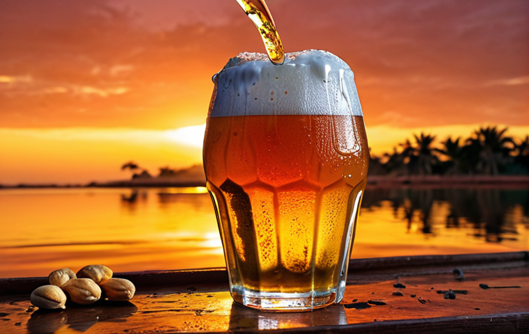 **Prompt:** A refreshing glass of Cuca beer, condensation dripping down, with a vibrant Angolan sunset in the background.  Serve with grilled dried fish and spicy peanuts. The overall feeling should be bright, sunny, and inviting.