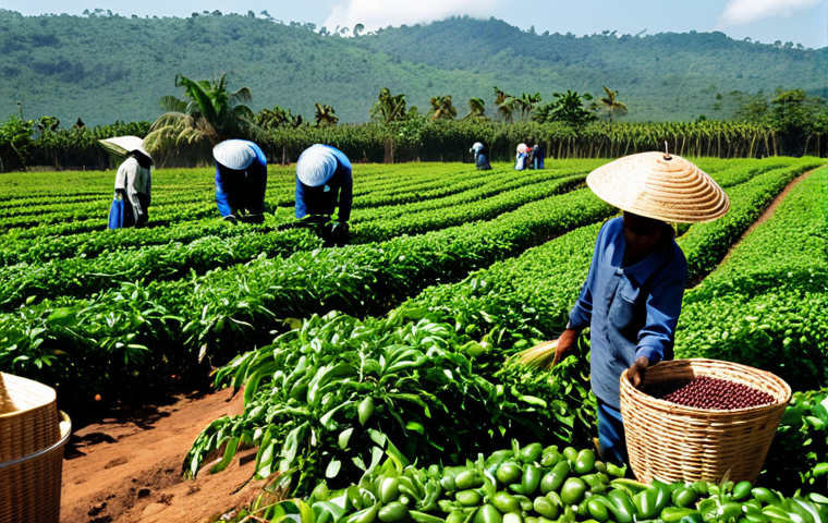 A diverse group of Angolan agricultural workers, fully clothed in modest, practical attire, diligently harvesting coffee beans on a vast, sun-drenched plantation. The scene emphasizes the scale of the work and the historical context of resource extraction. Baskets are filled with coffee cherries, with a focus on the details of the plants and the workers' well-formed hands. Professional photography, high detail, realistic lighting. safe for work, appropriate content, fully clothed, professional dress, perfect anatomy, correct proportions, natural pose, proper finger count, natural body proportions.