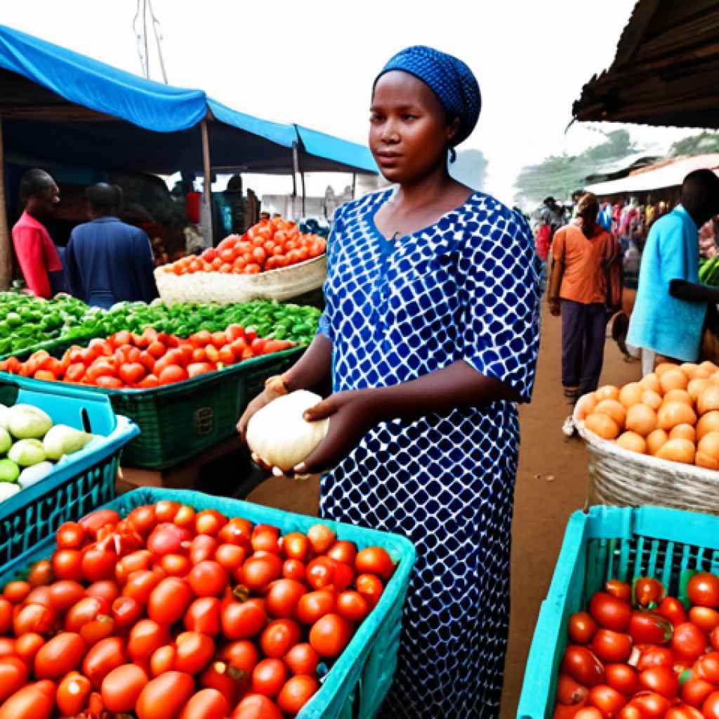 **
A bustling Angolan market scene, overflowing with fresh vegetables and fruits. A fully clothed woman in modest, colorful African attire is carefully selecting produce. Baskets overflow with tomatoes, onions, and other vibrant local vegetables. In the background, other market vendors are interacting with customers. Safe for work, appropriate content, family-friendly, professional photography, perfect anatomy, natural proportions, well-formed hands.
**