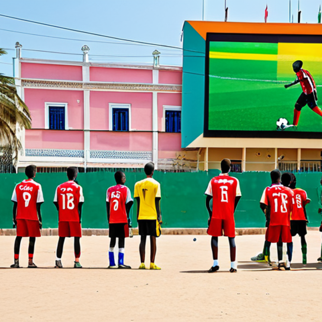 Football (Soccer) Passion**
"A vibrant street scene in Luanda, Angola, during a football match. Enthusiastic fans, fully clothed in colorful jerseys, are watching the game on a large outdoor screen. Children are kicking a soccer ball in the foreground. Palm trees and colorful buildings in the background. Safe for work, appropriate content, family-friendly, professional photography, perfect anatomy, natural proportions, bright and dynamic."
**