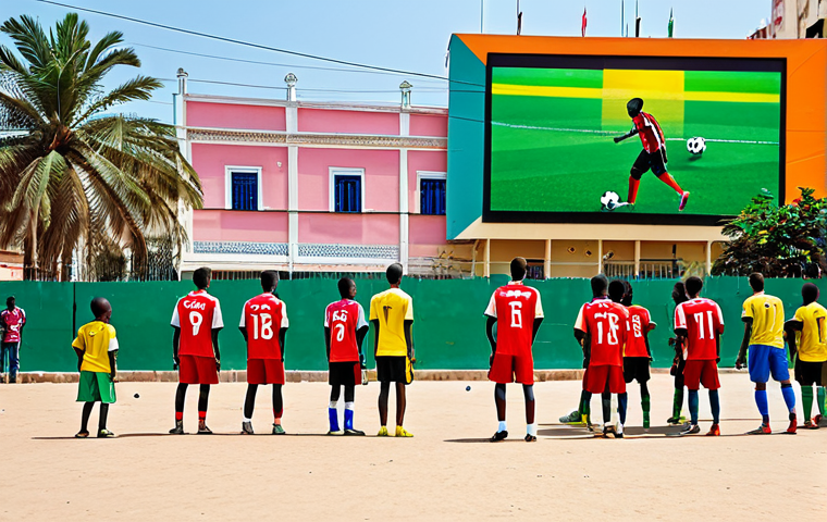 Football (Soccer) Passion**

"A vibrant street scene in Luanda, Angola, during a football match.  Enthusiastic fans, fully clothed in colorful jerseys, are watching the game on a large outdoor screen. Children are kicking a soccer ball in the foreground.  Palm trees and colorful buildings in the background.  Safe for work, appropriate content, family-friendly, professional photography, perfect anatomy, natural proportions, bright and dynamic."

**