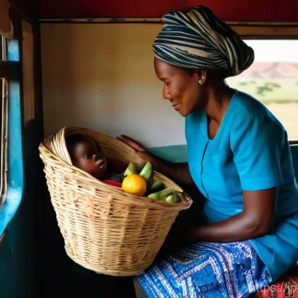 앙골라에서 기차 여행 가능 여부 - **Prompt:** A vibrant, sun-drenched scene inside a local passenger train in Angola. The carriage is ...