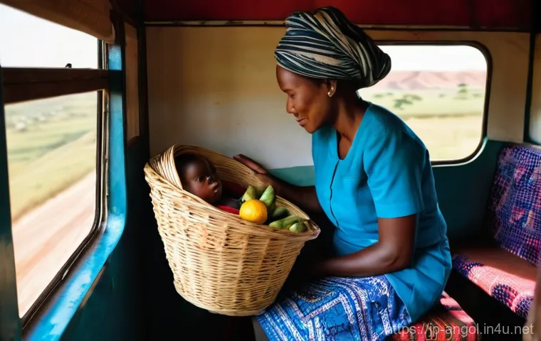 앙골라에서 기차 여행 가능 여부 - **Prompt:** A vibrant, sun-drenched scene inside a local passenger train in Angola. The carriage is ...