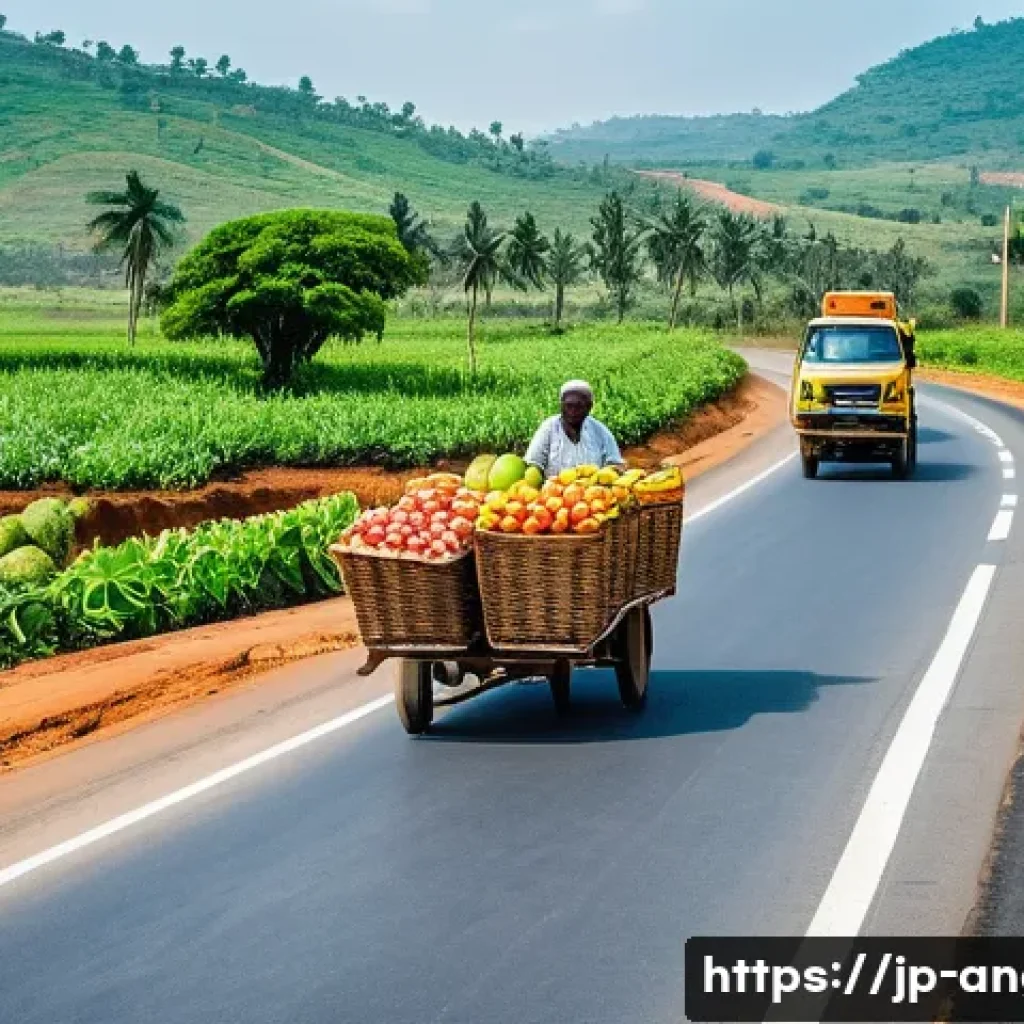 앙골라 도로 인프라 - **Prompt 1: Angolan Agricultural Prosperity on New Roads**
"A vibrant and sunny wide-angle view ...