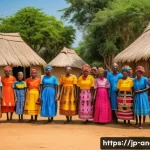 앙골라 부족 간 갈등 - A vibrant scene depicting a traditional Ovambo village in Angola, showcasing diverse ethnic people w...