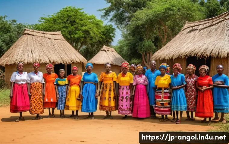 앙골라 부족 간 갈등 - A vibrant scene depicting a traditional Ovambo village in Angola, showcasing diverse ethnic people w...