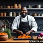앙골라에서 유명한 요리사 - A vibrant Angolan chef in a modern kitchen, skillfully preparing traditional root vegetables like ca...