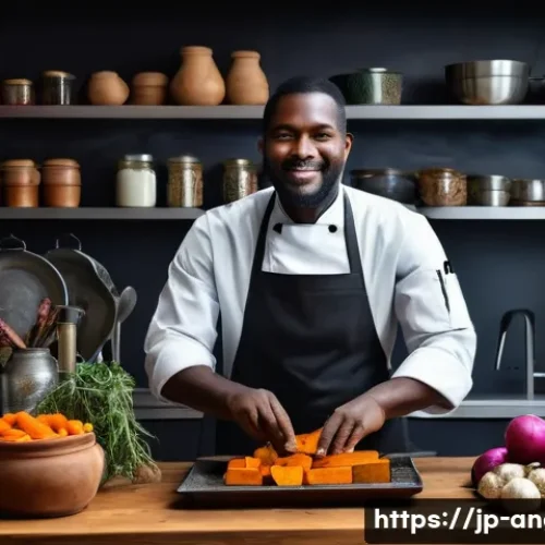 앙골라에서 유명한 요리사 - A vibrant Angolan chef in a modern kitchen, skillfully preparing traditional root vegetables like ca...