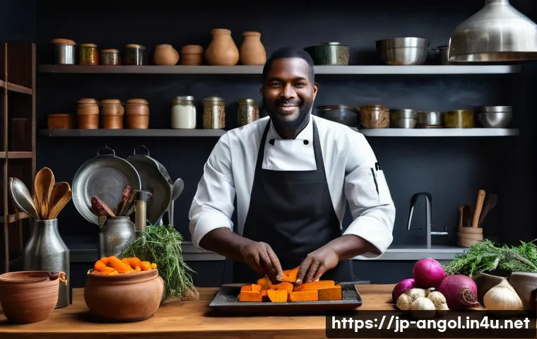 앙골라에서 유명한 요리사 - A vibrant Angolan chef in a modern kitchen, skillfully preparing traditional root vegetables like ca...