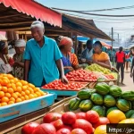 앙골라와 서아프리카 국가 비교 - A vibrant street scene in an Angolan urban market blending modern and traditional elements: colorful...