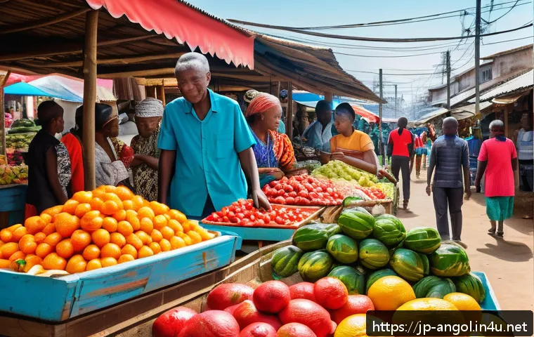 앙골라와 서아프리카 국가 비교 - A vibrant street scene in an Angolan urban market blending modern and traditional elements: colorful...