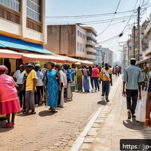 앙골라 포르투갈어 사용률 - A vibrant urban street scene in Luanda, Angola, showcasing a diverse group of people communicating i...
