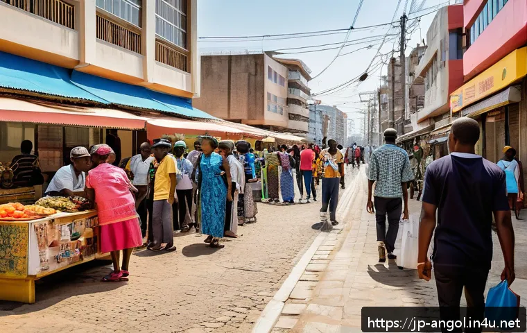 앙골라 포르투갈어 사용률 - A vibrant urban street scene in Luanda, Angola, showcasing a diverse group of people communicating i...